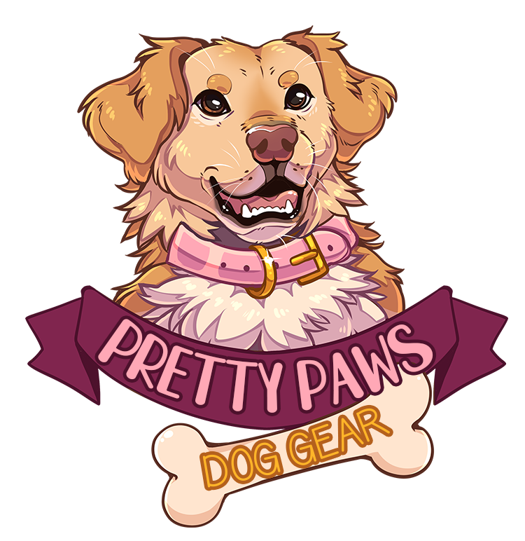 Cartoon drawing of a golden retriever looking up while wearing a pink and gold dog collar. Below the dog is a ribbon with the text "Pretty Paws" on it, and a dog bone with the text "Dog Gear" written on it.