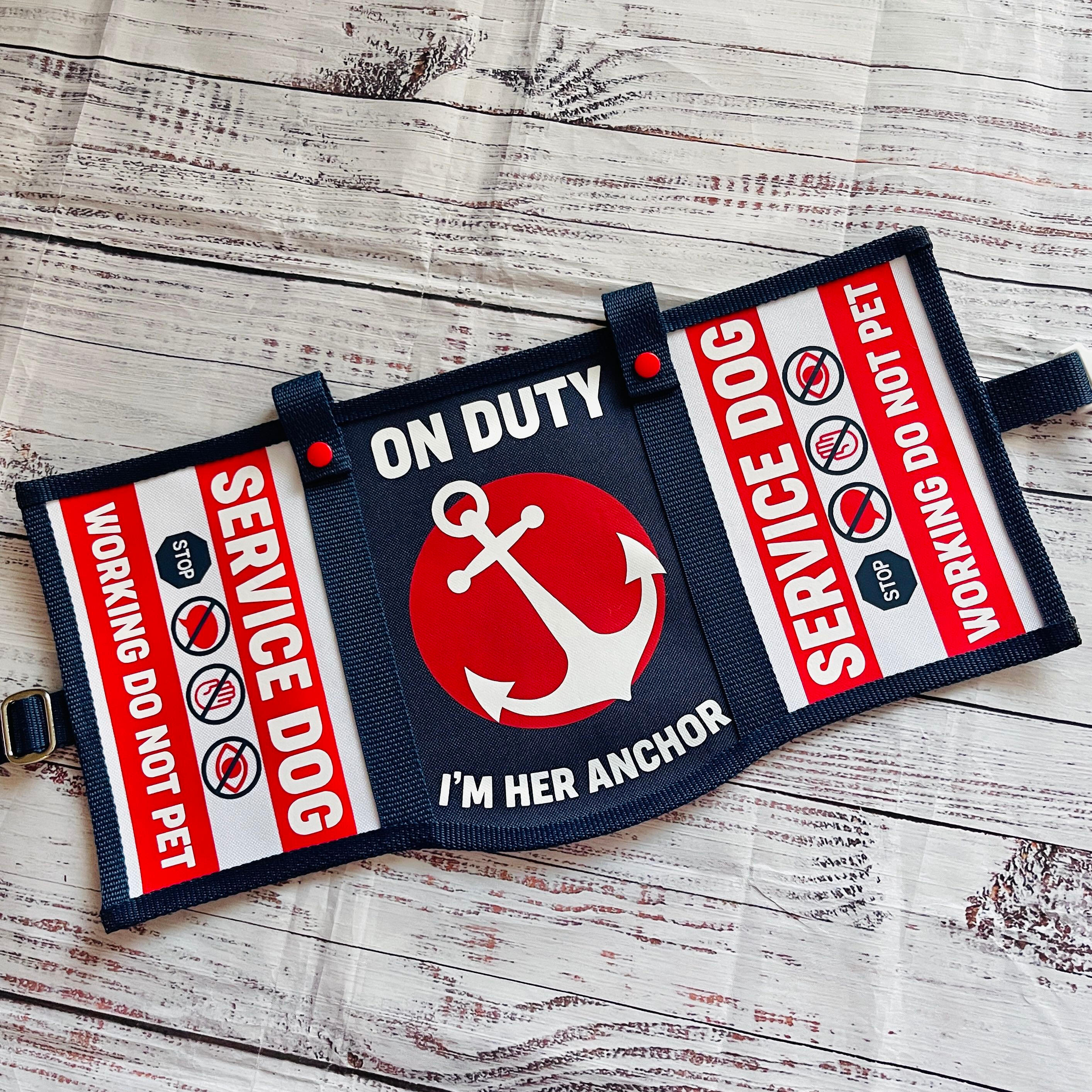 Forest green service dog vest with gold holographic sun graphics and white lettering. The Vest panels read: "Service dog, do not distract, my human needs me. No Talk, no touch, no photos." "Service dog, respect the vest, access required by law"