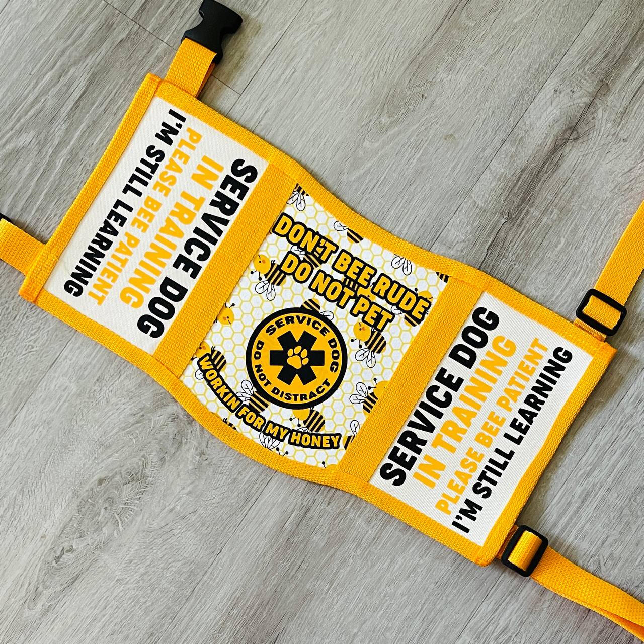 Forest green service dog vest with gold holographic sun graphics and white lettering. The Vest panels read: "Service dog, do not distract, my human needs me. No Talk, no touch, no photos." "Service dog, respect the vest, access required by law"